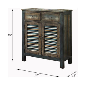 English Elm Glancio Antique Oak & Teal Console Cabinet with 2 Drawers, Shutter Doors, Bronze Pulls, Rustic Charm B2726P251800