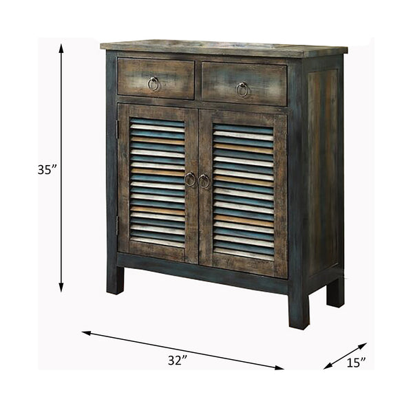 English Elm Glancio Antique Oak & Teal Console Cabinet with 2 Drawers, Shutter Doors, Bronze Pulls, Rustic Charm B2726P251800