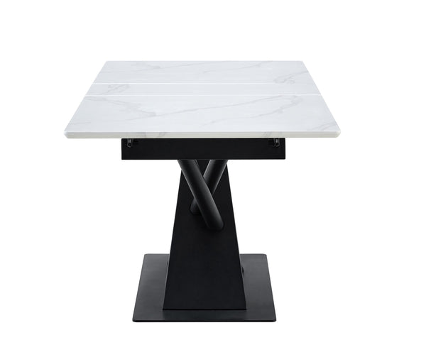 English Elm Modern Extendable Dining Table with Walnut MDF Veneer Top, Dual V-Shaped Metal Base, Sleek Durable Design White Marble W3493S00006