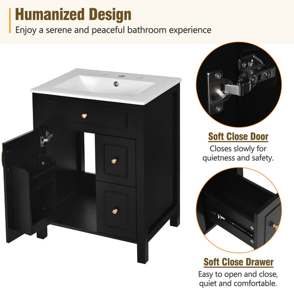 English Elm 24-Inch Bathroom Vanity with Ceramic Sink, Soft-Close Door & Drawers, Gold Handles, Durable Wood Elegance Black N729P192078B