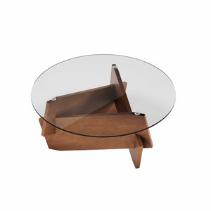 English Elm Modern Round Glass Top Coffee Table with Sculptural Wood Veneer Base for Living Room W2263P434052