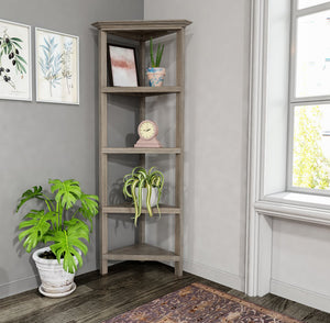 English Elm 4-shelf Tall Corner Bookcase Open Display Unit Walnut Wood for Living Room Gray Wash B2751P436410