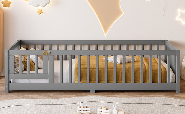 English Elm Twin Twin Size Floor Bed with Safety Guardrails and Playful Door for Kids, Pine/Plywood, Low Profile Gray W1580P338948
