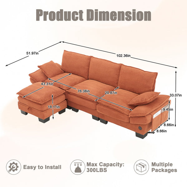 English Elm Sectional Cloud Sofa Modular Deep Seat Corduroy Upholstered Living Room Couch with Storage Orange W395S00132