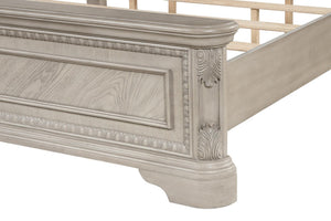 English Elm Gray Upholstered Canopy King Bed Carved Posts Nailhead Trim Grand Bedroom B2699S00119