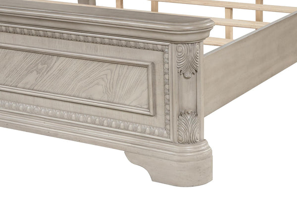 English Elm Gray Upholstered Canopy King Bed Carved Posts Nailhead Trim Grand Bedroom B2699S00119