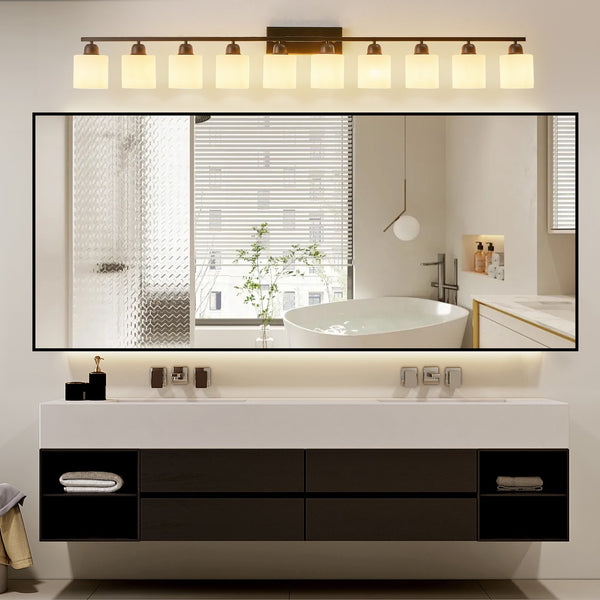 English Elm 10 Matte Black 10-Light Vanity Fixture 65.4" Over Mirror with White Glass Shades, Modern Wall Lighting W2312P374850