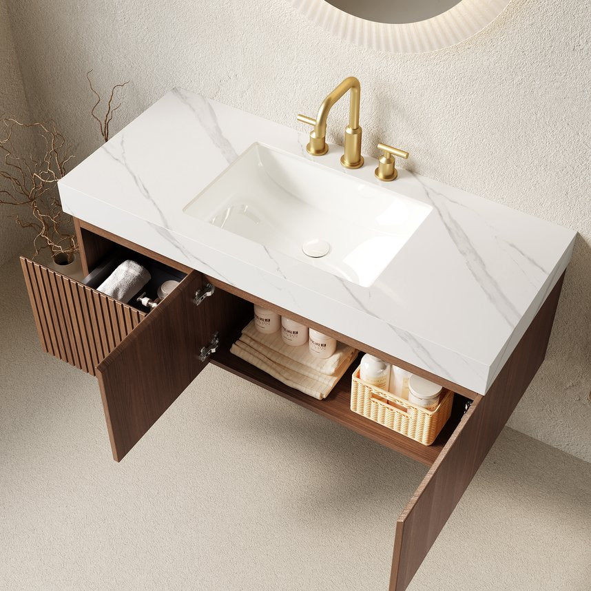 English Elm Muri Floating Bathroom Vanity Plywood Cabinet Sintered Stone Top Oak Woodgrain W2615S00628