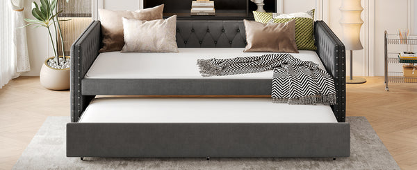 English Elm Full Size Daybed With Twin Trundle, Elegant Upholstered Sofa Bed, Button Tufted Gray Design W1580S00081