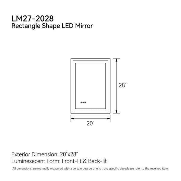 English Elm 20"*28"LED Modern Bathroom Vanity Mirror, Stepless Dimmable Front & Back Light, CRI90+, Anti-Fog, IP44 Waterproof, Touch Sensor Memory T3177P320622