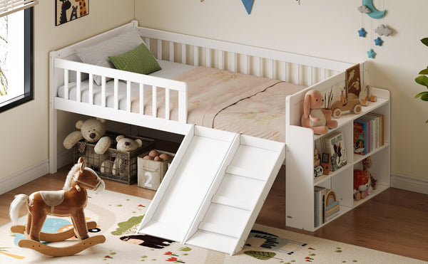 English Elm Twin Platform Kids Bed with Slide Ladder Guardrails Storage Shelf Wood Frame White N733S415411K