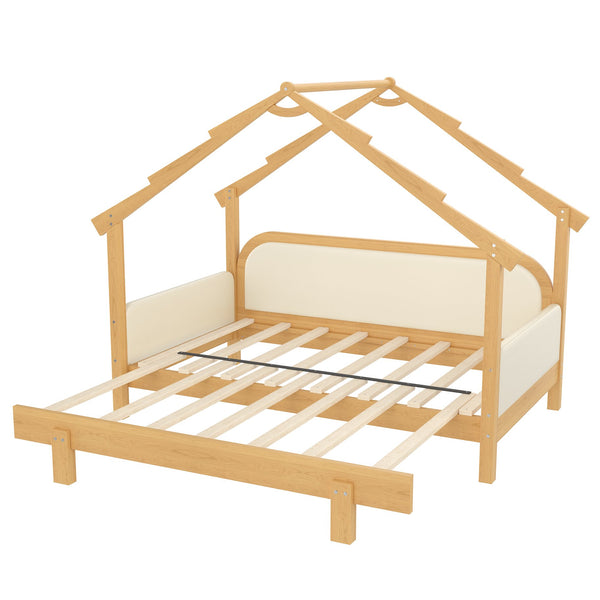 English Elm Twin Pine Treehouse Floor Bed with Padded Rails and Cabin Roofline for Kids White W1580S00383