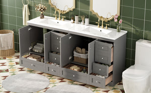 English Elm 72 Shaker Bathroom Vanity 72" Double-Sink Freestanding with Ceramic Basin, Soft-Close Drawers & Doors Grey N729P000010E