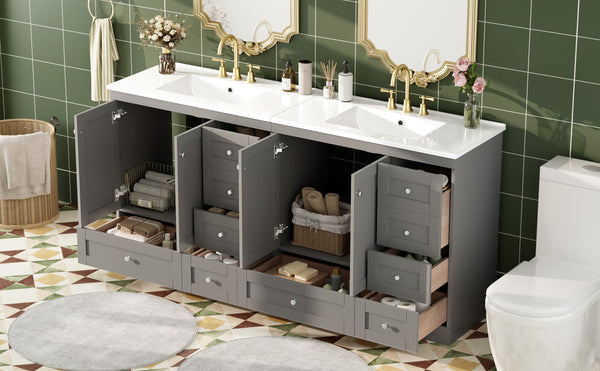 English Elm 72 Shaker Bathroom Vanity 72" Double-Sink Freestanding with Ceramic Basin, Soft-Close Drawers & Doors Grey N729P000010E