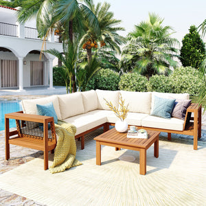 English Elm <old Old Sku Acacia Wood L-shaped Patio Sectional with Woven Rope Armrests Resort Cushioned Set Beige,Teak N704F201249N