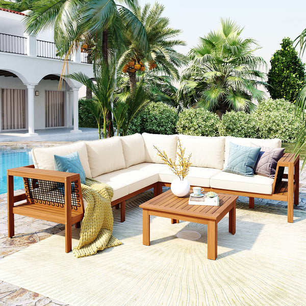 English Elm <old Old Sku Acacia Wood L-shaped Patio Sectional with Woven Rope Armrests Resort Cushioned Set Beige,Teak N704F201249N
