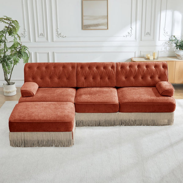 English Elm 3-seater Velvet Modular Sectional with Button Tufting Tassel Skirt and Wooden Base Red+Brown W714S01723