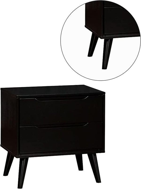 English Elm Mid-Century Black Nightstand Solid Wood with Recessed Handles, Round Tapered Legs, 2-Drawer Chic Bedroom Table B011P238915