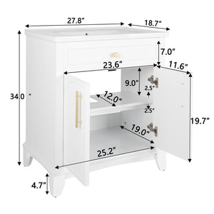 English Elm 27.8" Mid-century Freestanding Bathroom Vanity with Ceramic Sink Drawer and Wood Base White W1801S00004