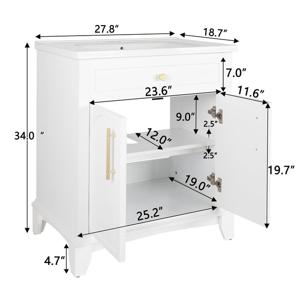 English Elm 27.8" Mid-century Freestanding Bathroom Vanity with Ceramic Sink Drawer and Wood Base White W1801S00004
