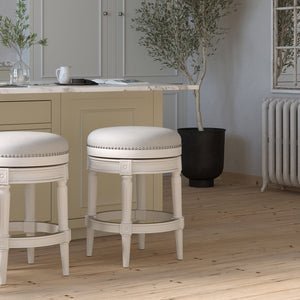 English Elm 26in. Faux Leather Swivel Barstool Nailhead Trim Carved Wood Counter Height Kitchen White B2751P436438