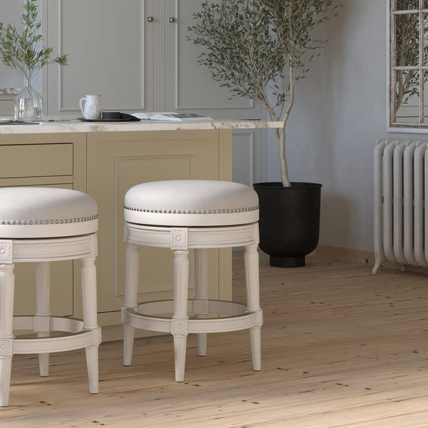 English Elm 26in. Faux Leather Swivel Barstool Nailhead Trim Carved Wood Counter Height Kitchen White B2751P436438