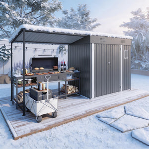 English Elm 12x4ft Steel Lean to Shed with Open Pergola Combo Backyard Storage and Shaded Patio W3213S00011