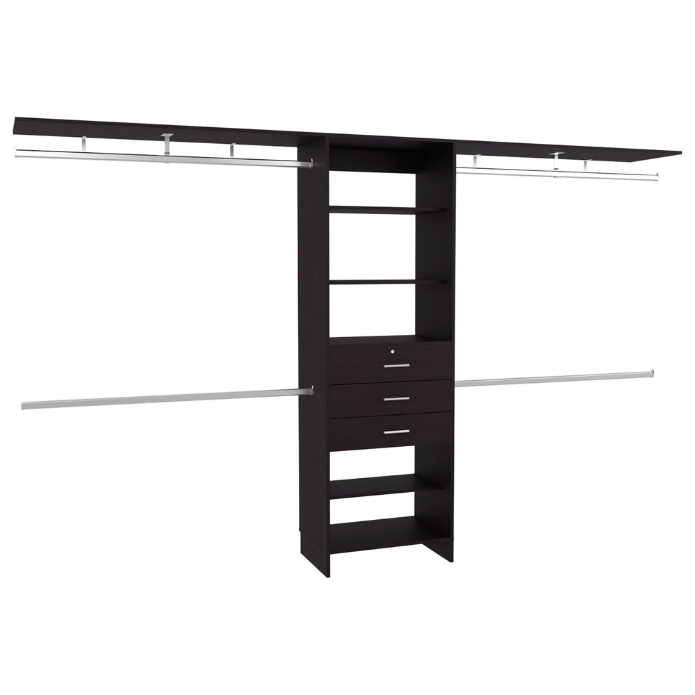 English Elm Plego Adjustable 69"-118" W Closet System in Black Wengue with 5 Shelves, 4 Rods & 3 Drawers - Sleek Storage Solution B070S00360