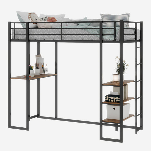 English Elm Iron framed bunk bed with L-shaped study desk and dual-side stairs, space-saving durable design Black W1935P330795