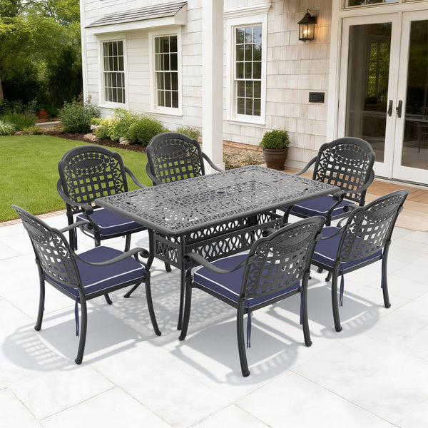 English Elm 7-piece Cast Aluminum Outdoor Dining Set with Ornate Relief Patterned Chairs and Table W1710S00638