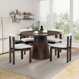 English Elm (1 Table With 4 Chairs)Wooden Dining Table Set, Modern Round Mdf Kitchen Table and Boucle Upholstered Dining Chairs For Dining Room, Kitchen, Saving Space, Brown