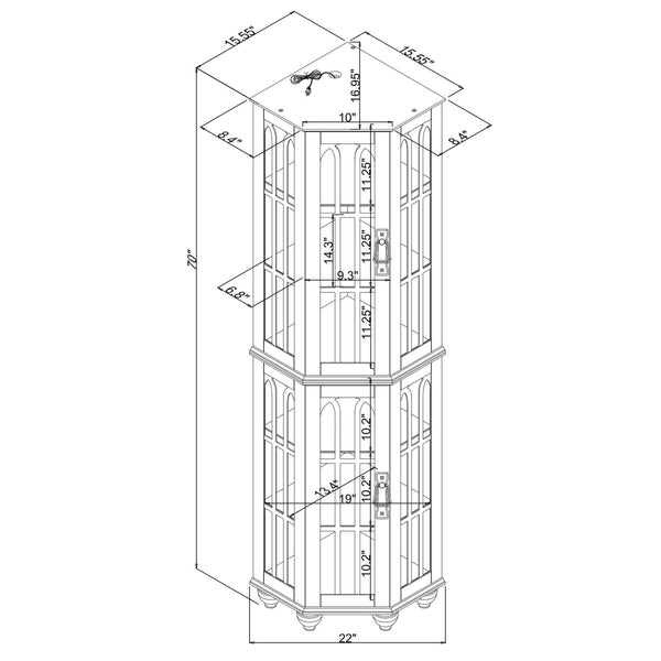 English Elm Corner Curio Cabinet with 6 Shelves, Tempered Glass Display, Built-In Lighting, Mirrored Back Walnut W1693P216949