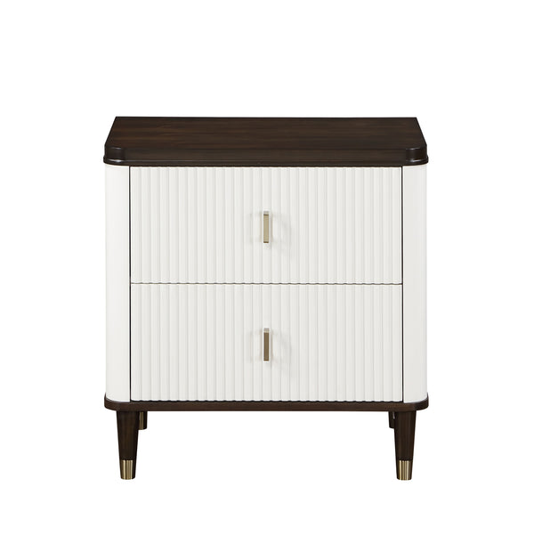 English Elm White White and Brown 2-Drawer Nightstand with USB Port, Beveled Mirror, Metal-Capped Legs, Spacious Storage B062P209003