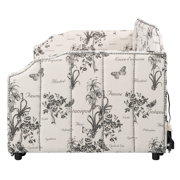 English Elm Twin Linen Upholstered Daybed with Pop up Trundle and Built in Usb Charging White Tossed Botanical SF000199AAZ