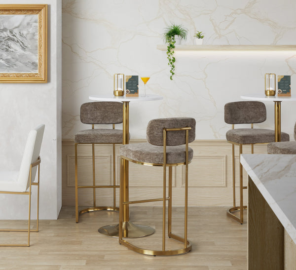English Elm Fixed-height Barstools Powder Coated Steel Frame Brown Upholstered Seat Set of Two Brown+Gold B202P471217