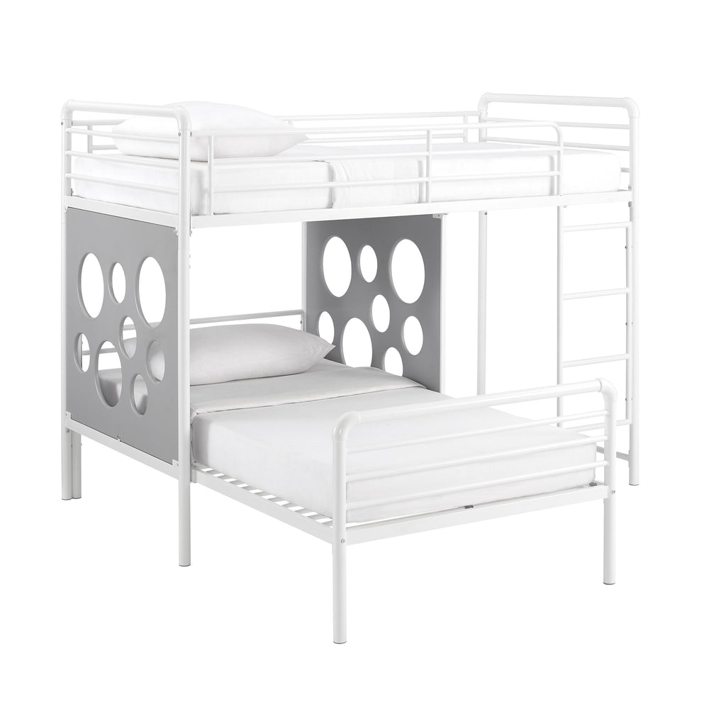 Devan Modern L-Shape Twin Bunk Bed with Fun Cutouts - Space-Saving Design in White & Cool Grey