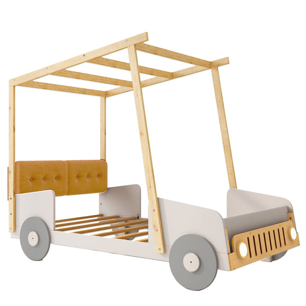 English Elm Wood Twin Car Bed with Pillow, Ceiling Canopy & LED Night Lights, Solid Pine Frame, Fun Kids Ride Bed - Twin Size, Natural Finish WF309288AAM