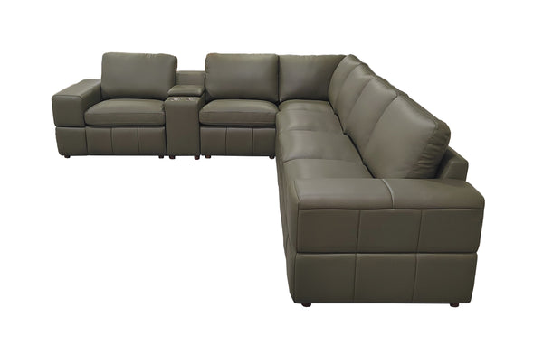 English Elm Premium Leather Match Sectional with Dual Recliners Square Arms and Console Storage Olive Green B2748S00145