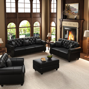 English Elm Upholstered Faux Leather Chesterfield Sofa Button Tufted with Nailhead and Six Pillows Black W1885S00432