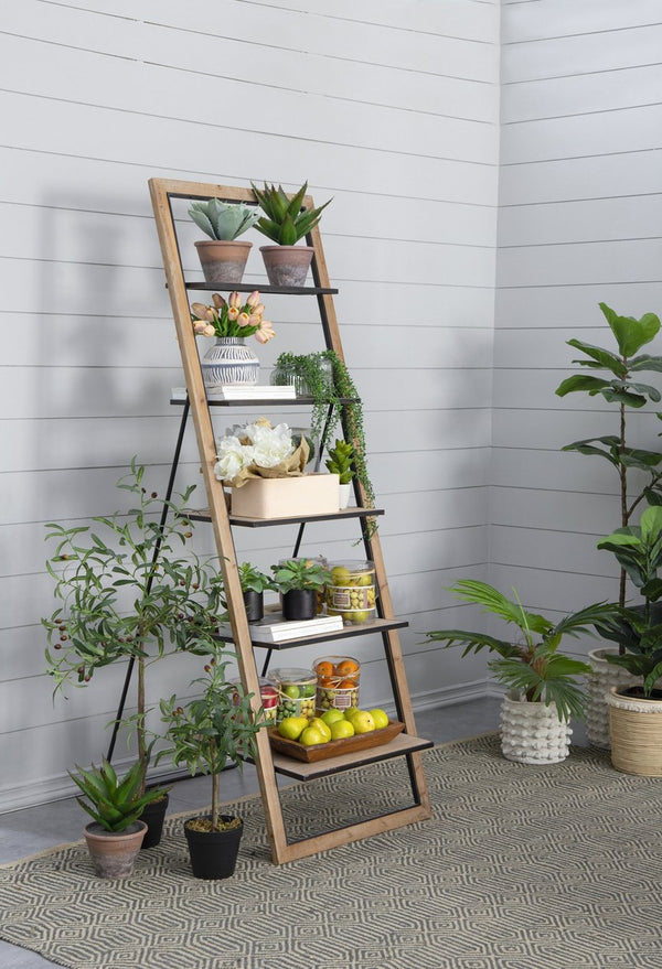 English Elm 24.8x26.4x72.4" Five Tier Fir Wood Ladder Bookshelf Farmhouse Iron Hardware Display W2078P499743