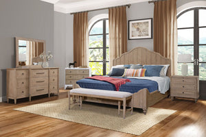 English Elm King Panel Bed with Elegant Transitional Styling, Solid Wood & MDF Frame, Centerpiece Bedroom Focal Point Sand 84.75 L x 21 W x 6 H B2699S00015