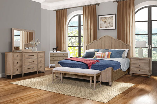 English Elm King Panel Bed with Elegant Transitional Styling, Solid Wood & MDF Frame, Centerpiece Bedroom Focal Point Sand 84.75 L x 21 W x 6 H B2699S00015