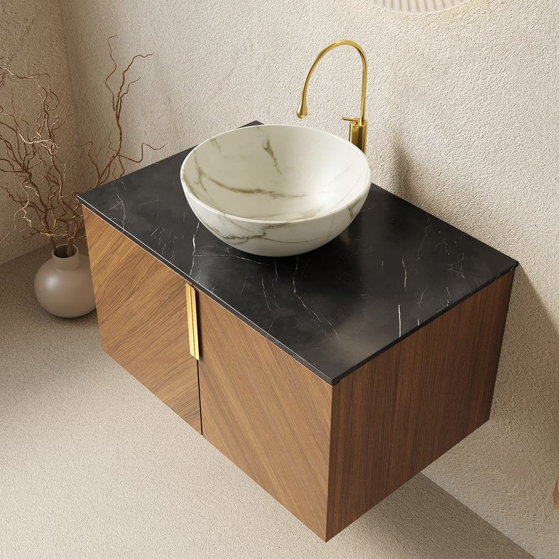 English Elm Muri Floating Bathroom Vanity Plywood Cabinet Sintered Stone Top Oak Drawer W2615S00545