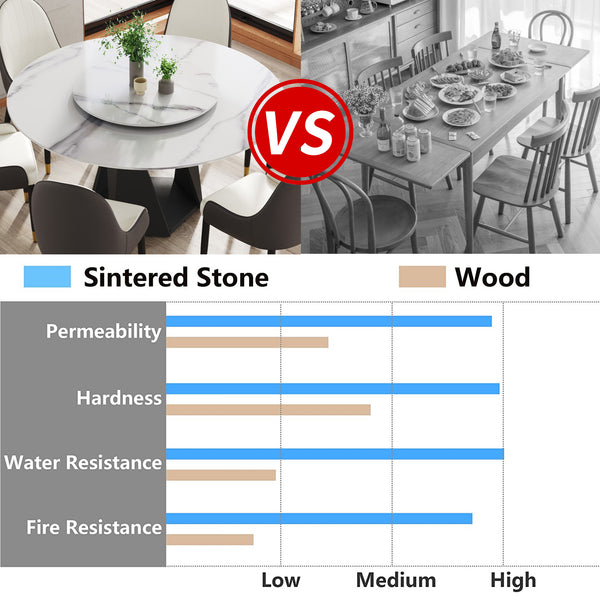 English Elm Metal Pedestal Round Dining Table Sintered Stone Top with Lazy Susan Seats Eight W1535P500494