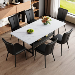 English Elm Table And Chair Set - Modern 71" White Grain Dining Table With Storage & 6 Black Stripe Chairs W1151S04268-GIGA