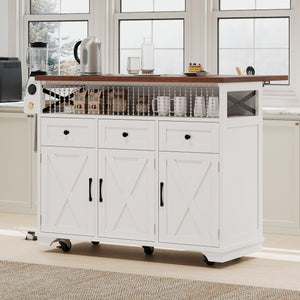English Elm K&K 46.5'' Farmhouse Kitchen Island Cart with Beaded Drapes, Drop Leaf, Power Hub, Ample Storage White N707P254872W