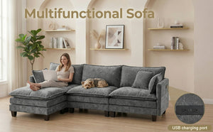 English Elm Rectangular Chenille Upholstered Ottoman Soft Foam Footrest for Living Room or Bedroom Dark Grey W2519P486112