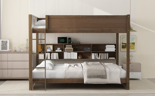 English Elm Queen Over Bunk Bed Solid Pine Cabin Frame with Storage and Usb Charging Wood GX000399AAD