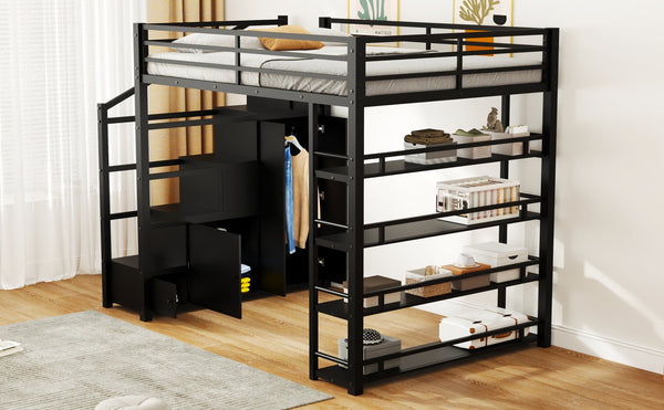 English Elm Full Full Size Metal Loft Bed with Storage Staircase, Shelves, Wardrobe & Guard Rail, Black 70" GX000664AAB