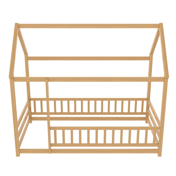 English Elm Twin Pine House Frame Floor Bed with Peaked Roof and Fence Guardrails for Kids Natural W1858P389939
